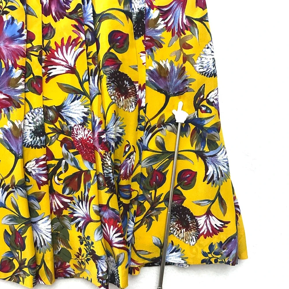 J.Crew Sz 16 Yellow Floral 100% Silk Double Pleated Midi Skirt K2124